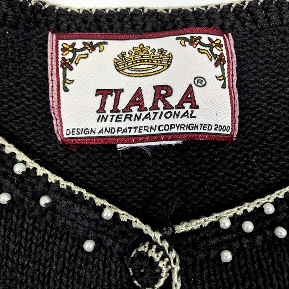 TIARA Vintage 90s Embroidered Knit Cardigan Women L Black Retro Unique Old Money - Picture 8 of 10